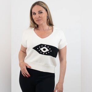 Another Girl organic cotton White Black Women's short sleeve sweater w black eye